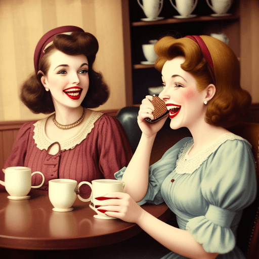 AI generated: ladies drinking coffee, laughing, DeGrazia style
