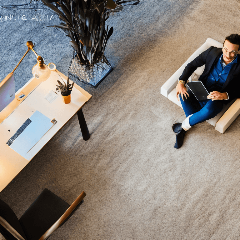AI generated: high fashion picture of an internet entrepreneur working on his modern laptop, sitting in front of a...