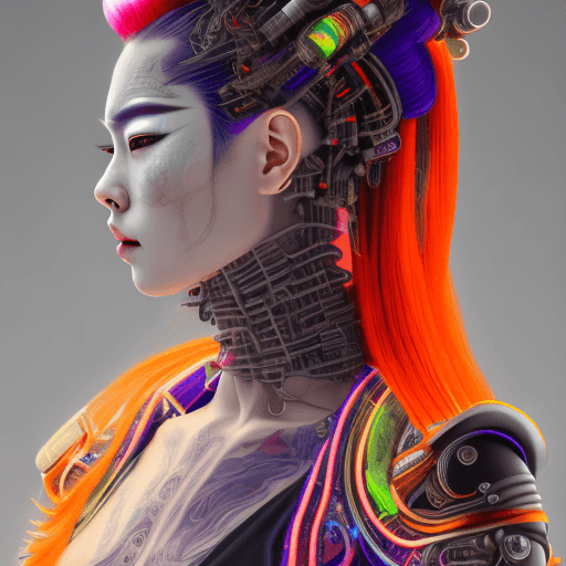 AI generated: A hyper-realistic, photorealistic full-body portrait of a cyberpunk geisha woman with vibrant, neon-...