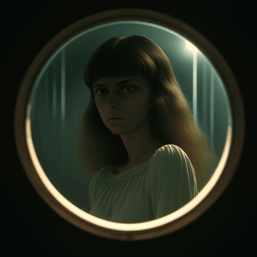 AI generated: A photograph styled to mirror a 1970s cinema frame, featuring a woman who resembles someone in her y...