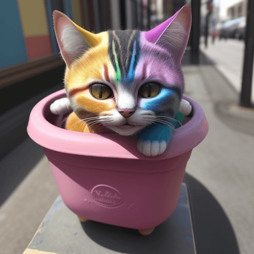 AI generated: Gato con su cuerpo pintado de los colores del arcoiris, sentado en una banca morada, comiéndose un h...