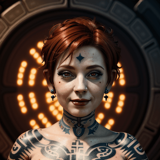 AI generated: Goddess close-up portrait ribcagel, a happy short redhair princess, masterpiece of tatoos, scifi, ma...
