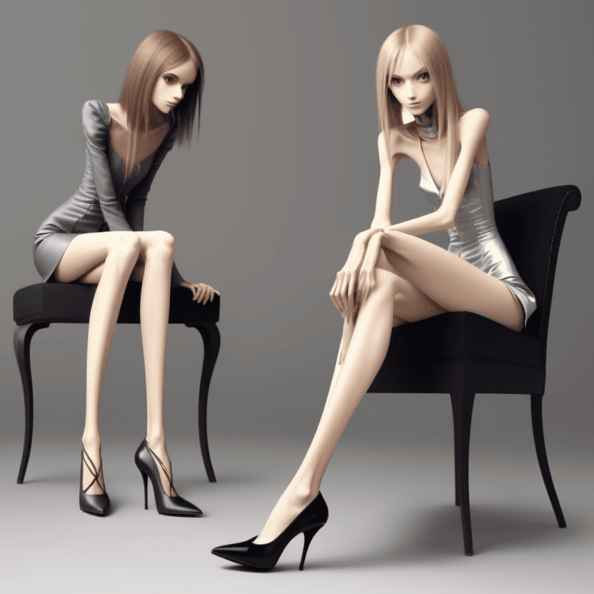 AI generated: very skinny anorexic legs  in high heels, high heels, sitting, the tips of the shoes are very long t...