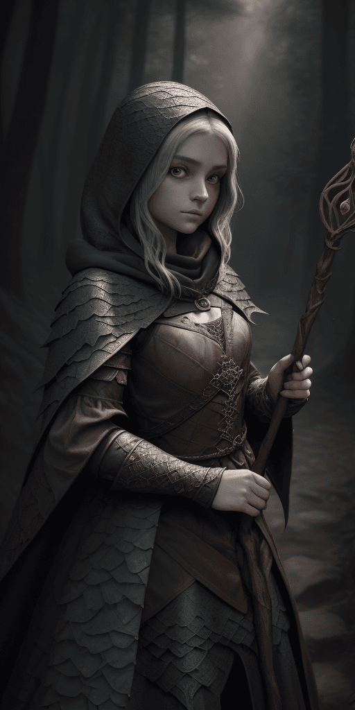 AI generated: zrpgstyle,  medieval fantasy portrait of a girl, dark and scales, (girl) wearing a simple cloak, hol...
