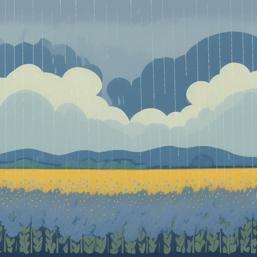 AI generated: set of blue floral banners with clouds, rain falling and sunshine, in the style of mid-century illus...