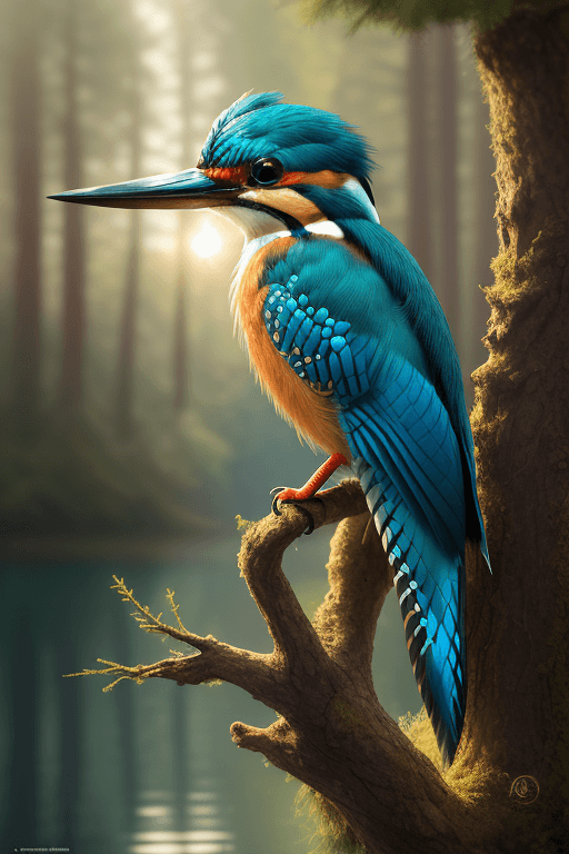 AI generated: Masterpiece, best quality, (a beautiful kingfisher:1.1) (sits on a spruce branch:1.1), (taiga and a ...