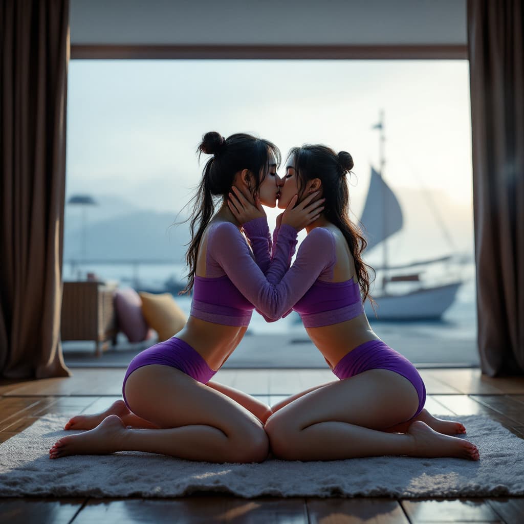 AI generated: Full body view of a Photo of a ultra realistic Two Korean ATHLETIC  women  wearing purple short chin...