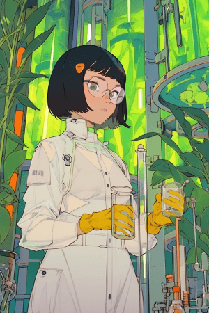 AI generated: a confident woman scientist with a sophisticated bob cut and bright hazel eyes, wearing a pristine w...