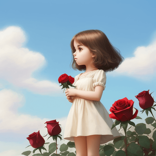 AI generated: a innocent girl holds a rose. cute girl. cartoon. child. background of sky and beautiful. youthful.