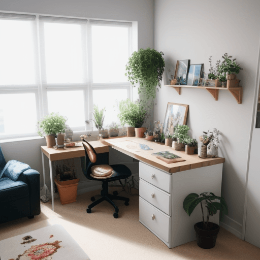 AI generated: Apartment bedroom, room full of hobbies, one bed, warm light, plants, mirror cube table, fish tank, ...