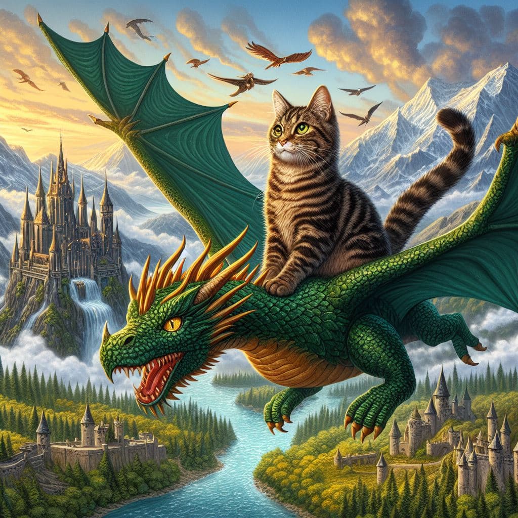 AI generated: A cat riding a dragon that is green