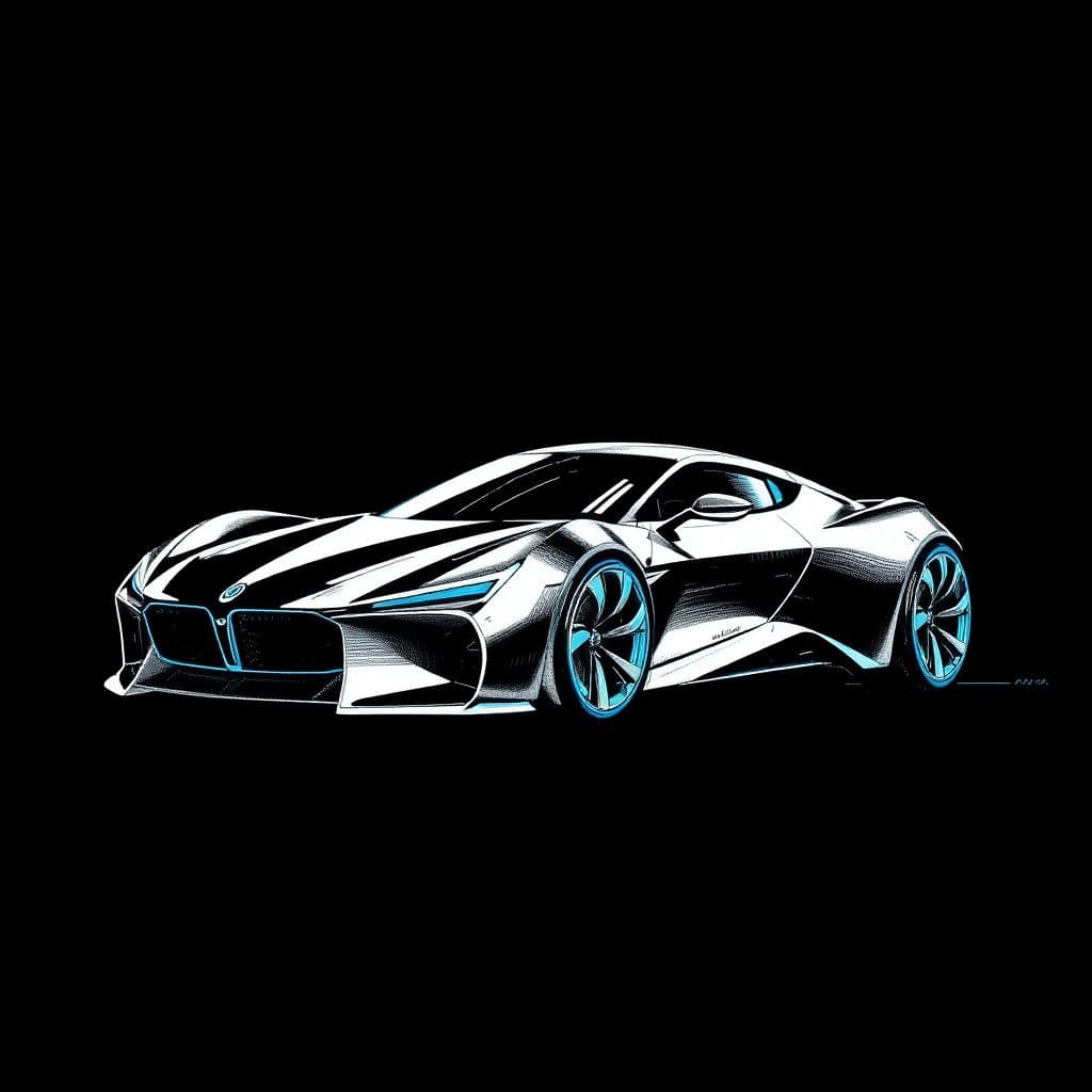 AI generated: ink drawing of a creative concept car, zen brush stroke, monochromatic fluorescenceblue ink with cal...