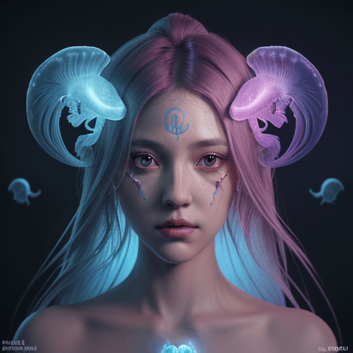 AI generated: Goddess close-up portrait ribcagel. jellyfish phoenix head, nautilus, orchid, skull, betta fish, bio...