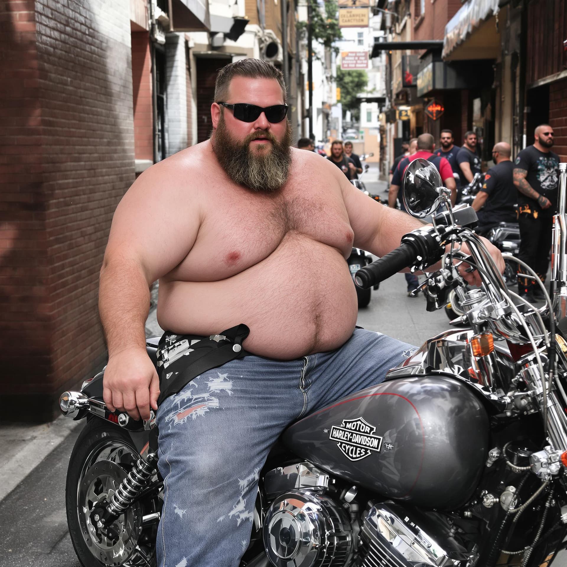 AI generated: a Caucasian, chubby, beefy, shirtless hairy guy, sitting on a Harley Davidson motorcycle, motorcycle...