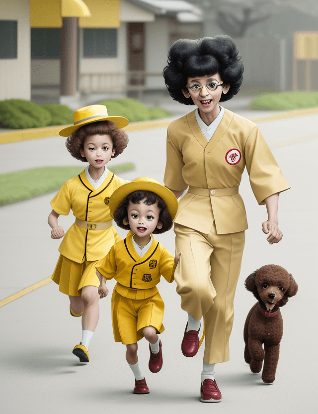 AI generated: A happy  small brown poodle dog character wearing a  japanese kindergarten uniform with a yellow hat...