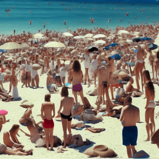 AI generated: White blonde girl with white biquini on a beach full of people looking at her