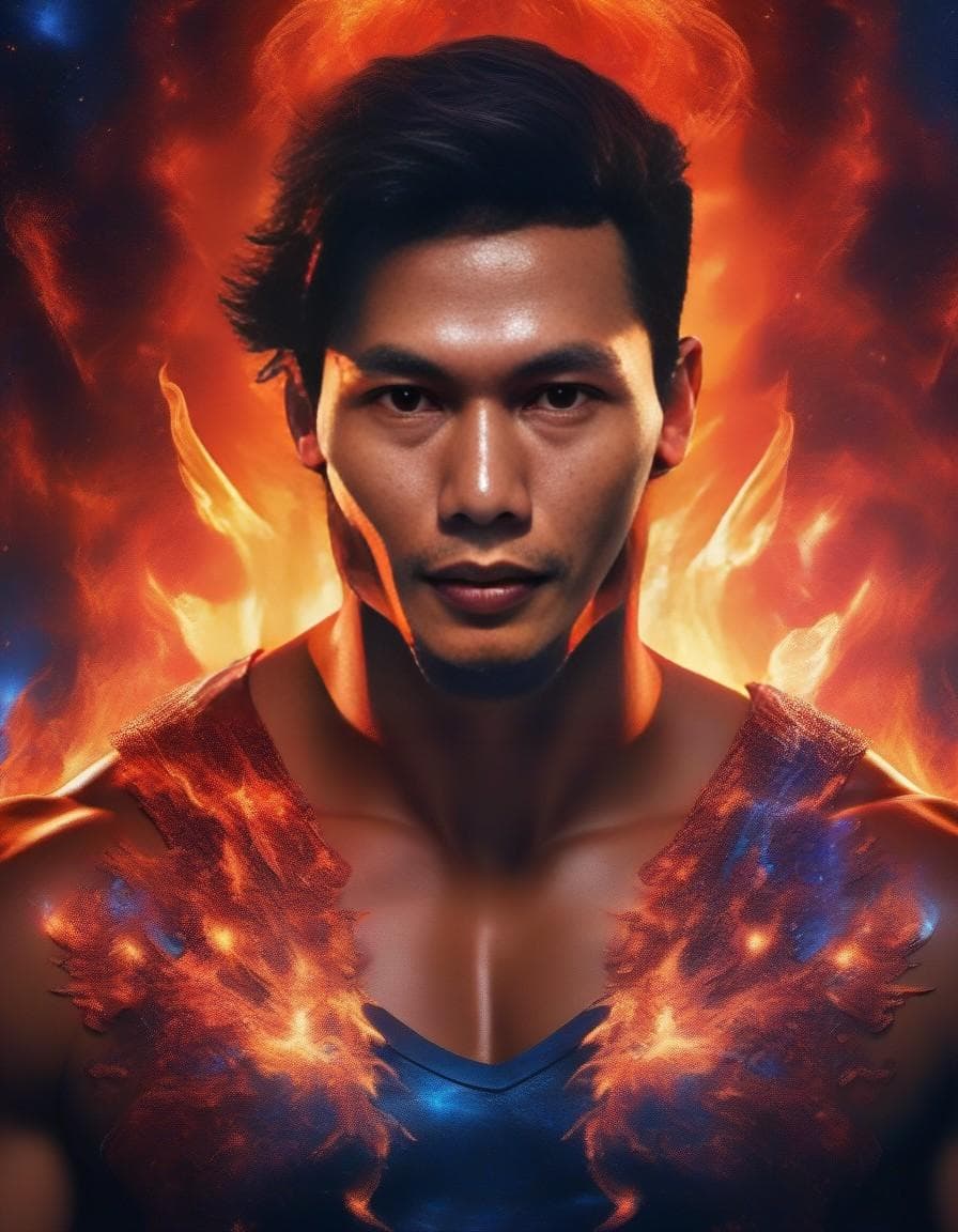 AI generated: a single muscular man made of Fire and melting ice in space, detailed face, narrow nose, neon, plasm...