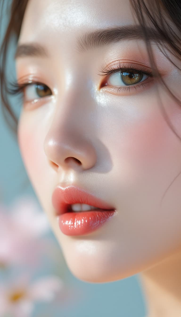 AI generated: An extreme zoomed out shot-up of a Chinese voung woman's face with flawless, glowing skin, soft natu...