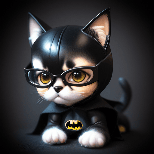 AI generated: Puppy cat with costum batman elegant computer geek, chibi and real style, masterpiece, realistic pho...