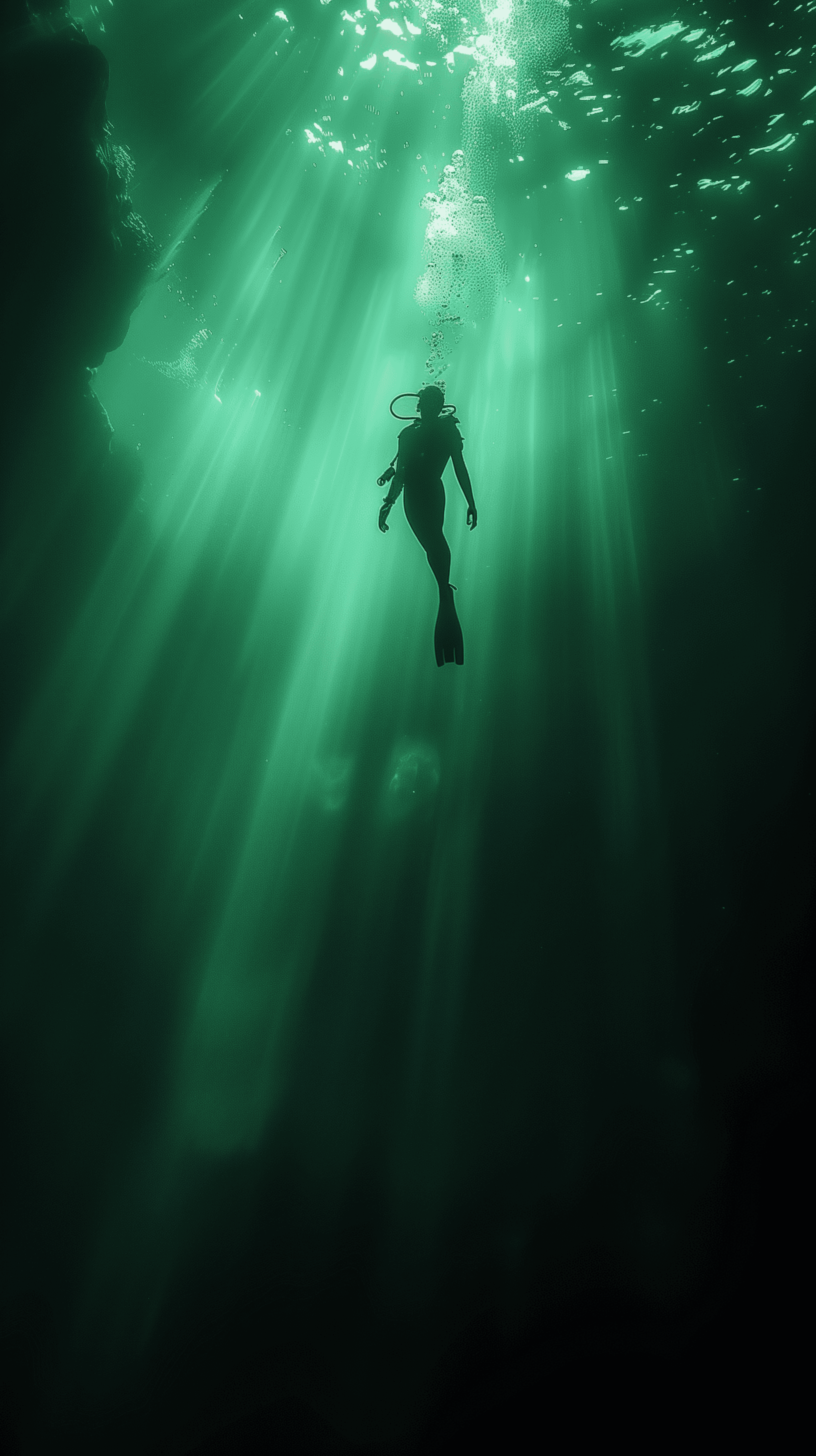AI generated: emerald color serene underwater scene depicting a lone diver, floating gracefully in a beam of sunli...