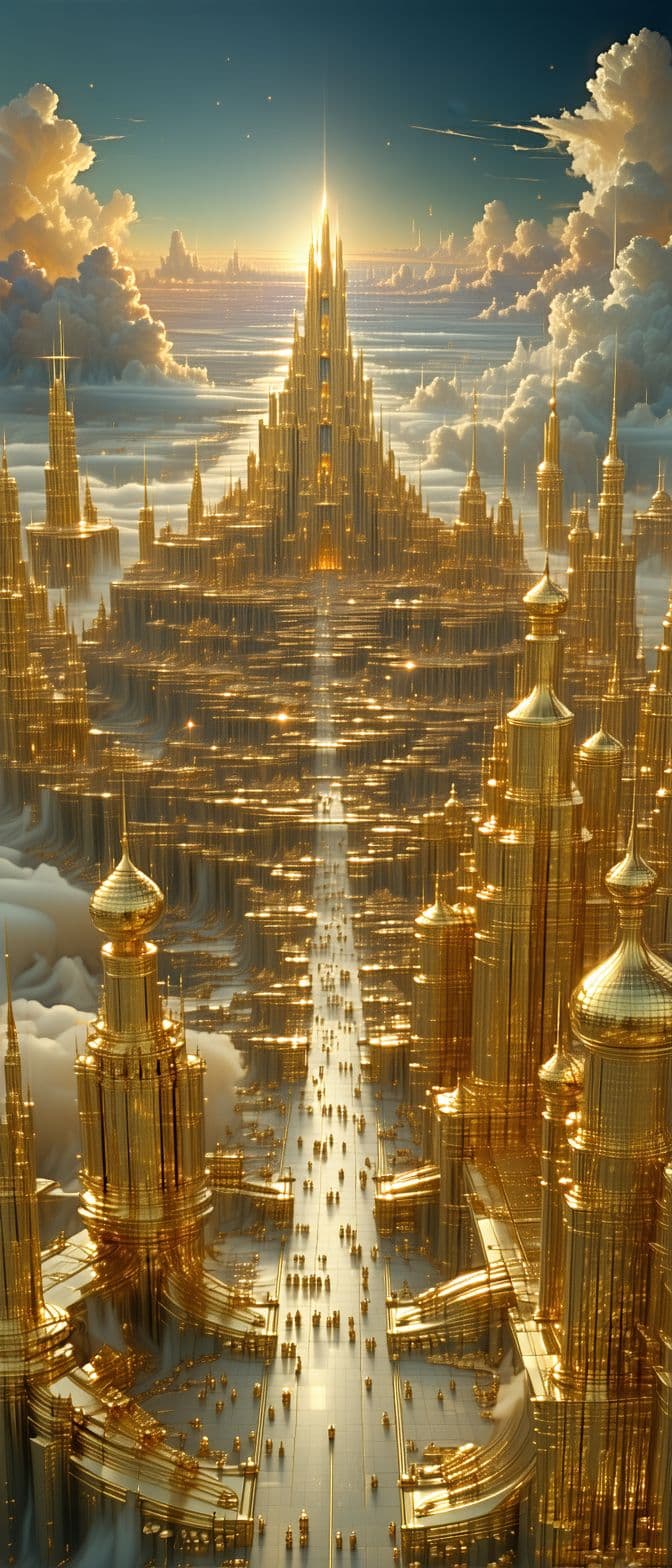 AI generated: heaven . golden massive city with gold streets far off in the distance,
Hyperrealistic. HDR .8k . Hy...