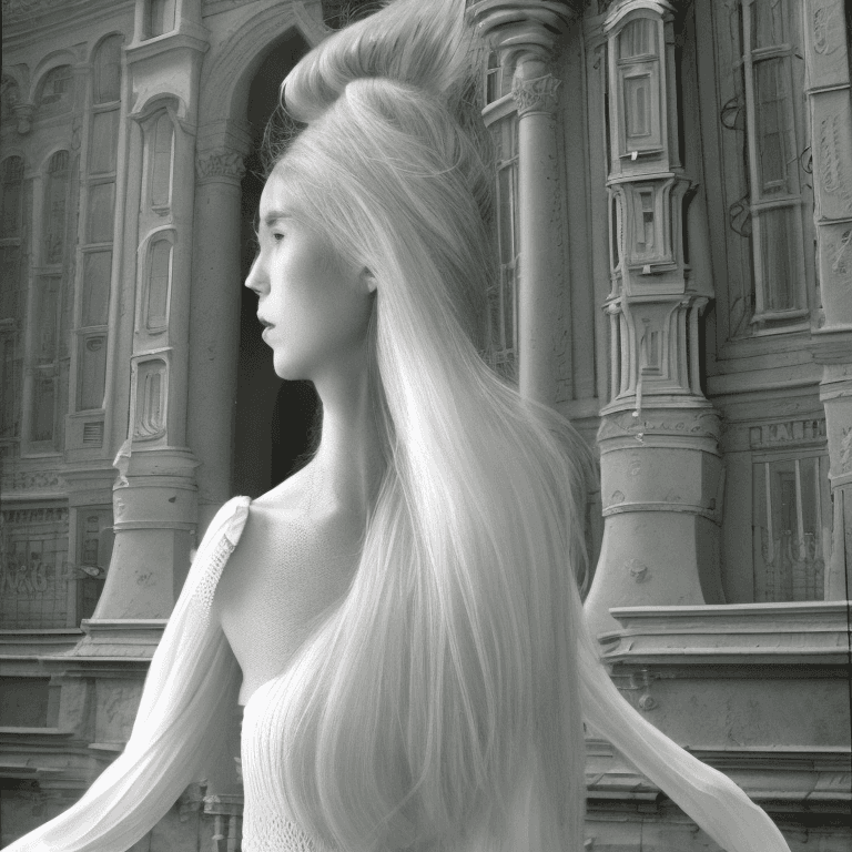 AI generated: In a realm where time and color blend,  a woman stand her hair, once dark, now glistens like silver ...