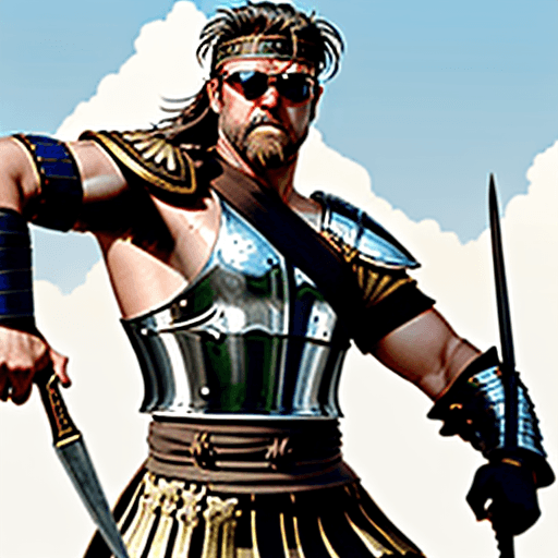 AI generated: Generate an image of a Roman soldier resembling Maximus from Gladiator, wearing sunglasses. Pose the...