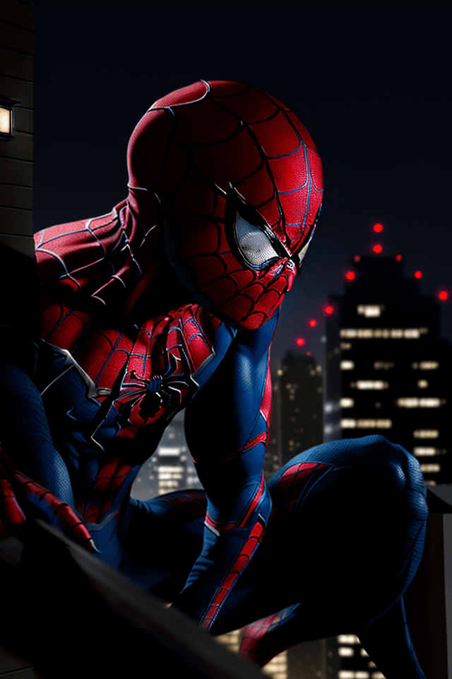 AI generated: Hyper realistic eye level exterior photo of a spider-man character fused with traditional Japanese n...