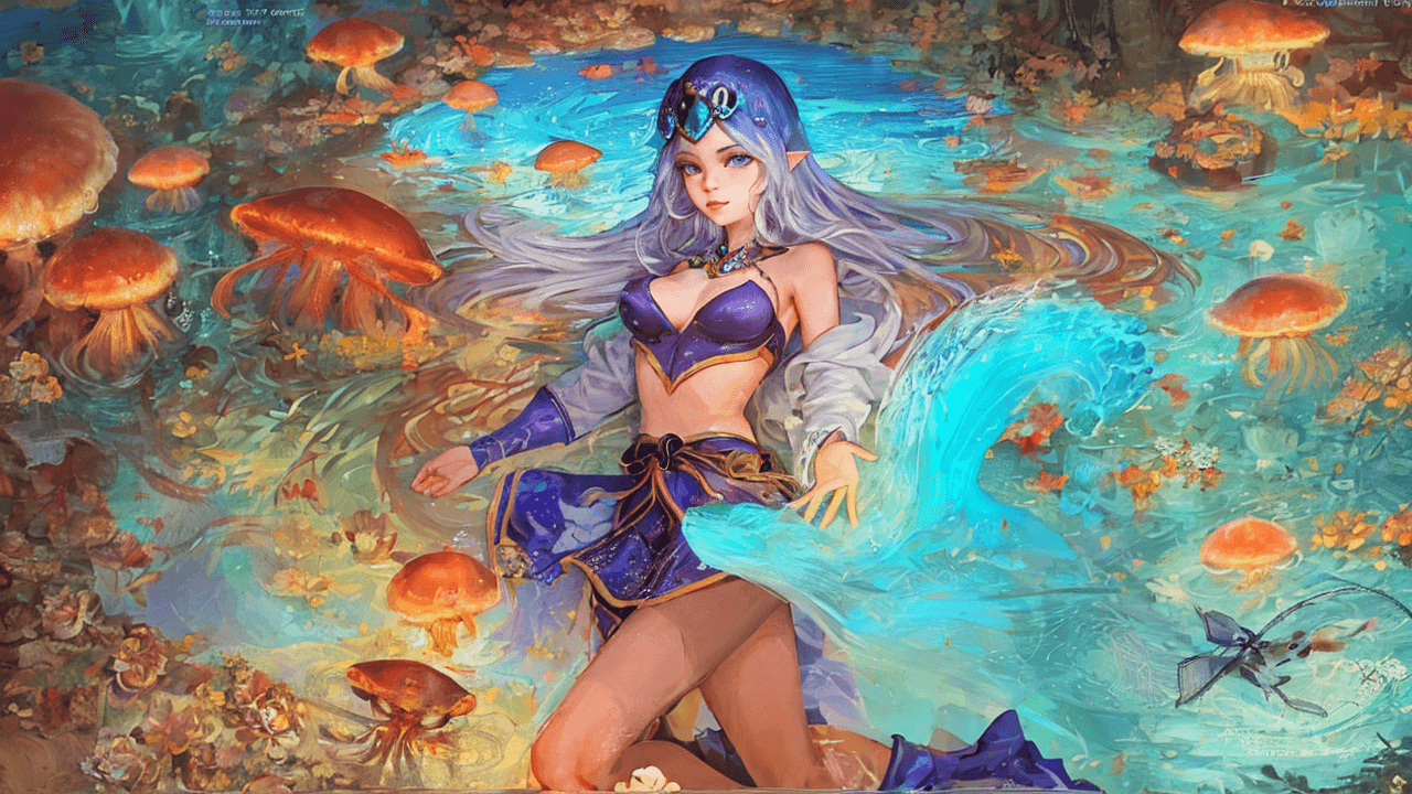 AI generated: a drawing of a woman with long hair and a skeleton body, jen bartel, loish | , asian female water el...