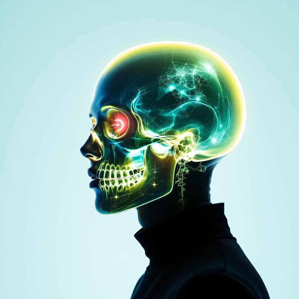 AI generated: ethereal portrait of a man, transparent skin revealing her skull, glowing with a neon-green bio-lumi...
