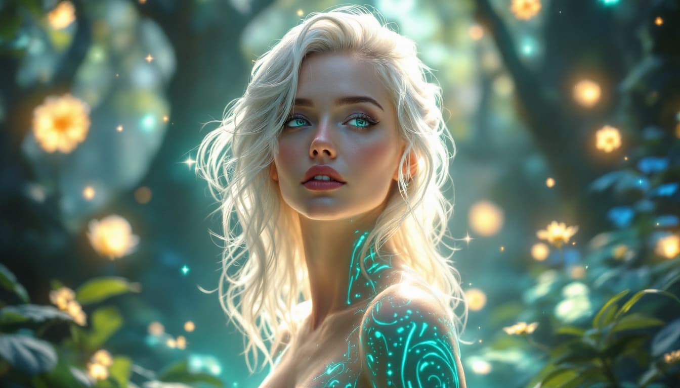 AI generated: A highly detailed digital painting of a futuristic female figure in a glowing, otherworldly forest. ...