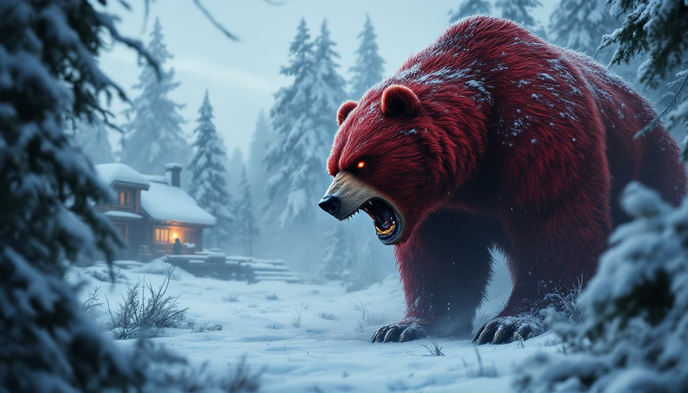 AI generated: A large, enraged red bear arrives at a Nordic village in the snow, his fury may be unstoppable.
