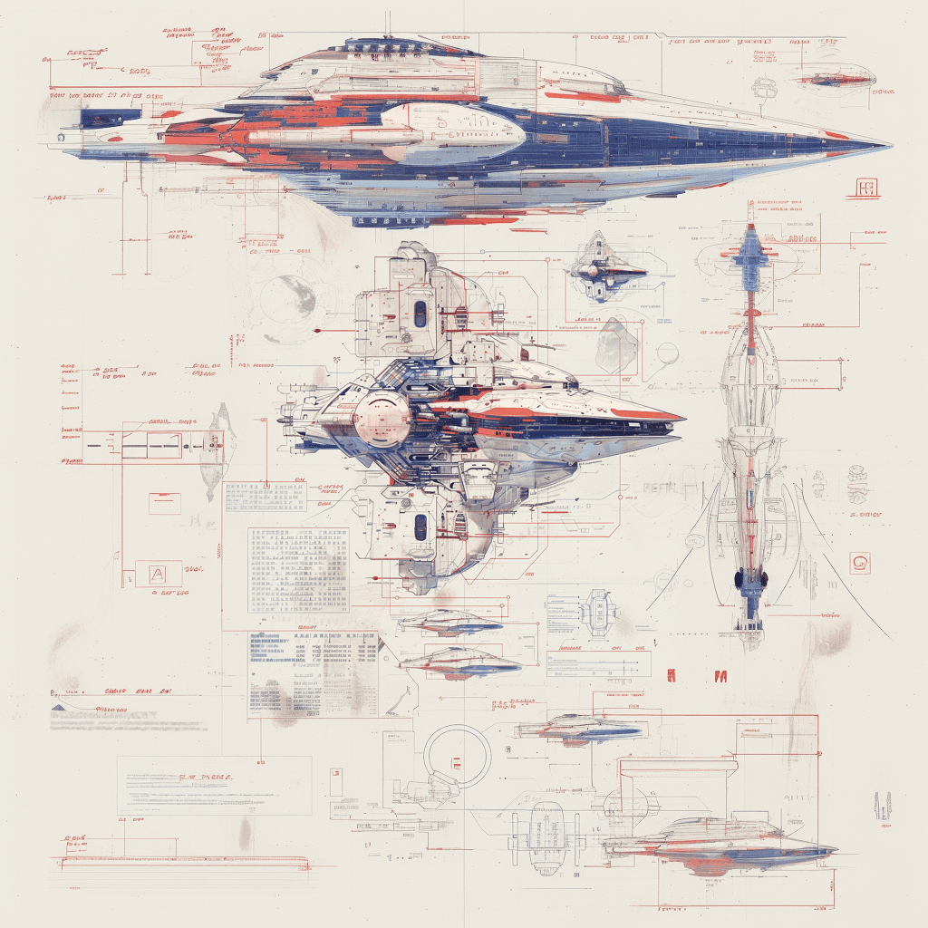 AI generated: sketches blueprint of futuristic sci-fi huge spacecraft, warp engines, formulas and annotations, sch...