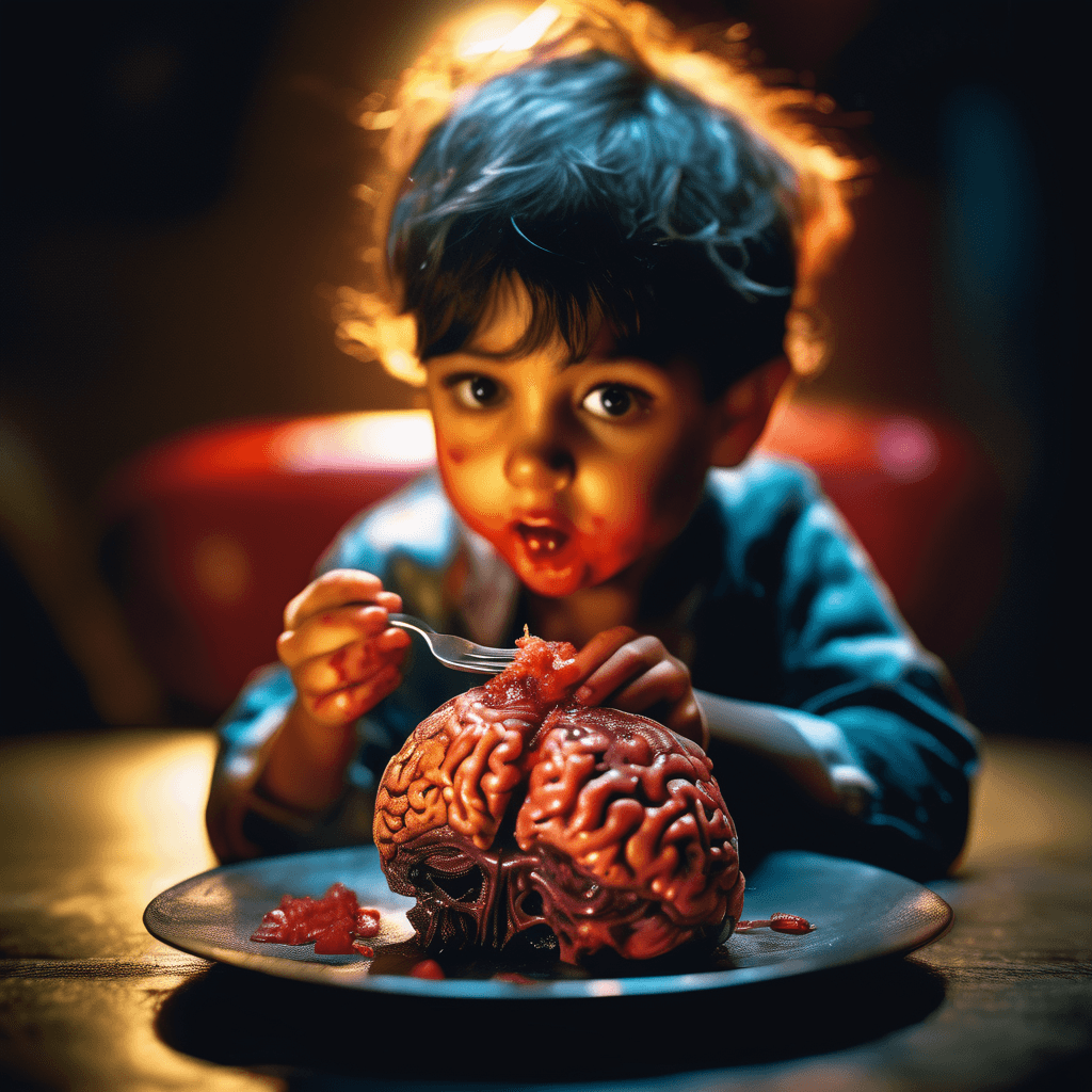 AI generated: Masterpiece, Best quality, a photograph of a beautiful hyperrealistic zombie child, eating a human b...