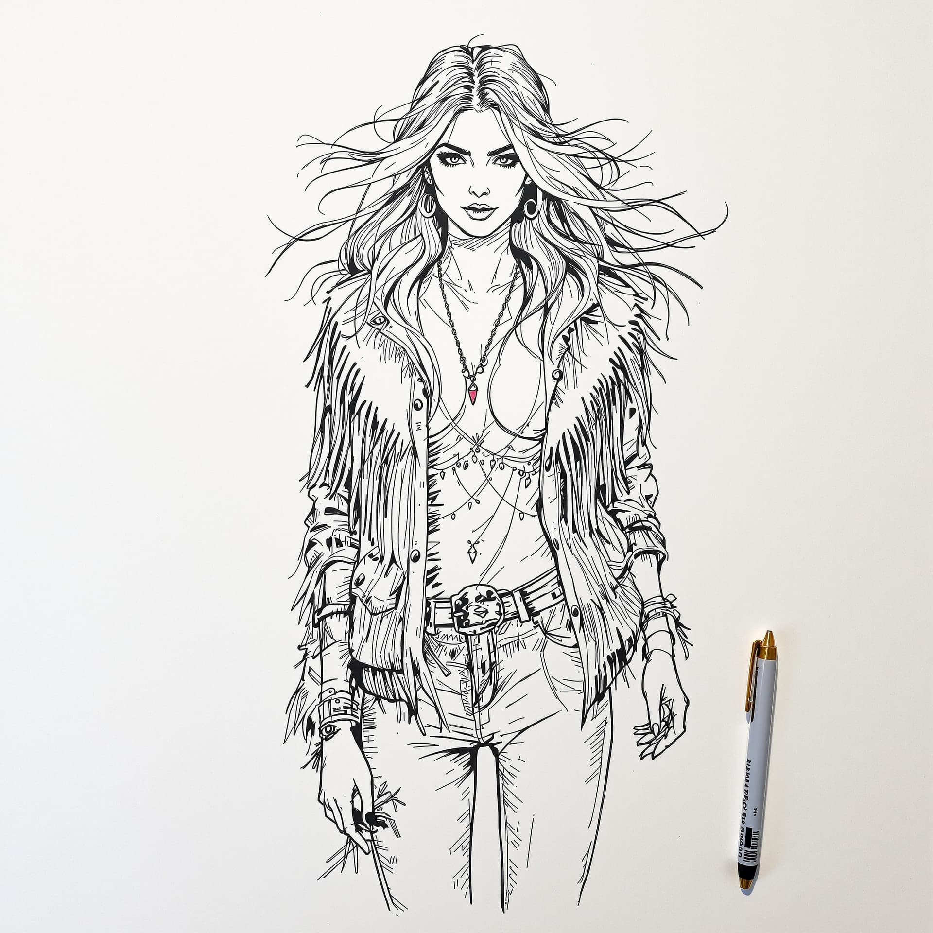 AI generated: pen and ink style stipulated beautiful hippy women wearing a fringe jacket and jeans,