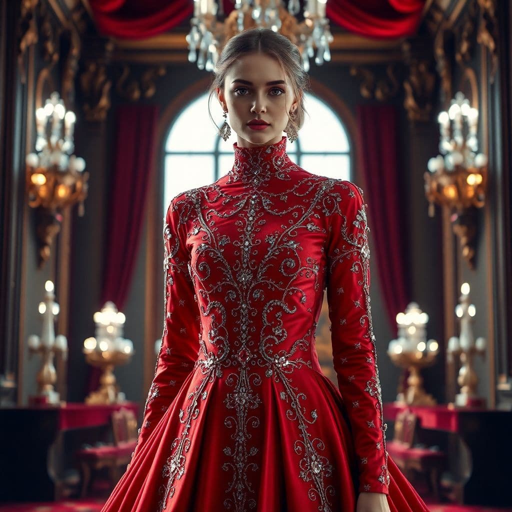 AI generated: gorgeous woman in red dress made with rubies and sparkling diamonds with intricate details, fashion ...
