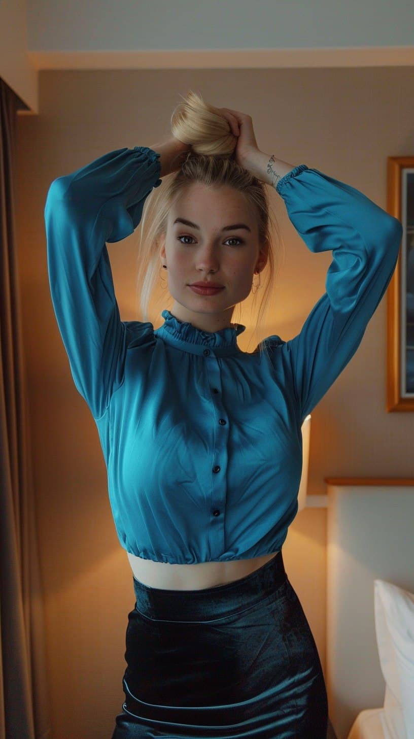 AI generated: a photograph of a young woman with blonde hair in a high bun, posing hands over her head in Scandic ...
