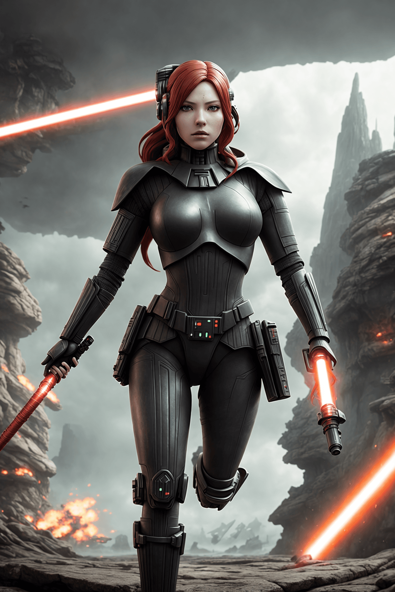 AI generated: Star Wars character, a Sith, Hyper detailed portrait of red hair sexual woman Darth Vader, incredibl...