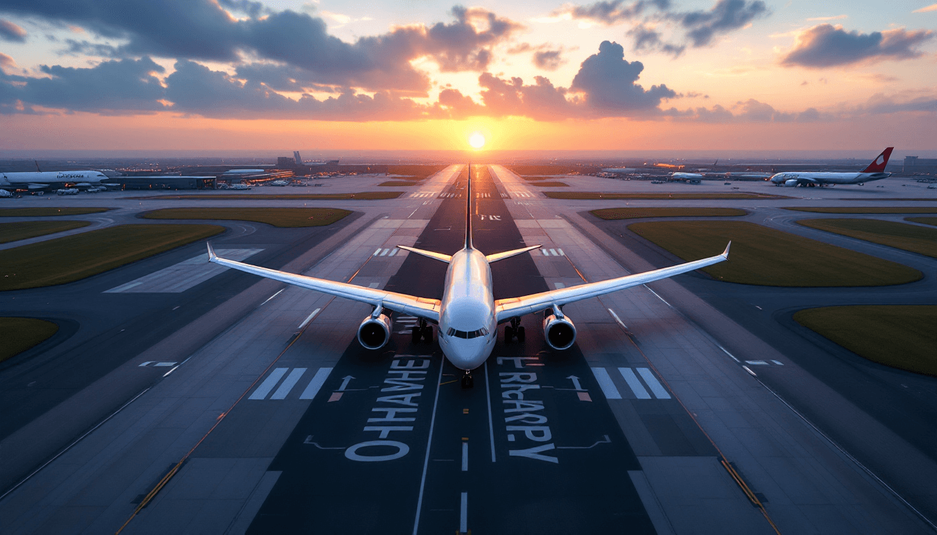AI generated: 8K, photorealistic image of O'Hare airport and runways from above.  ((There is a 747 at one of the f...