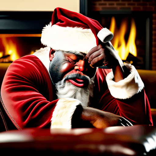 AI generated: ultra detailed cinematic photograph close up, front view frustrated African American Santa, hand on ...
