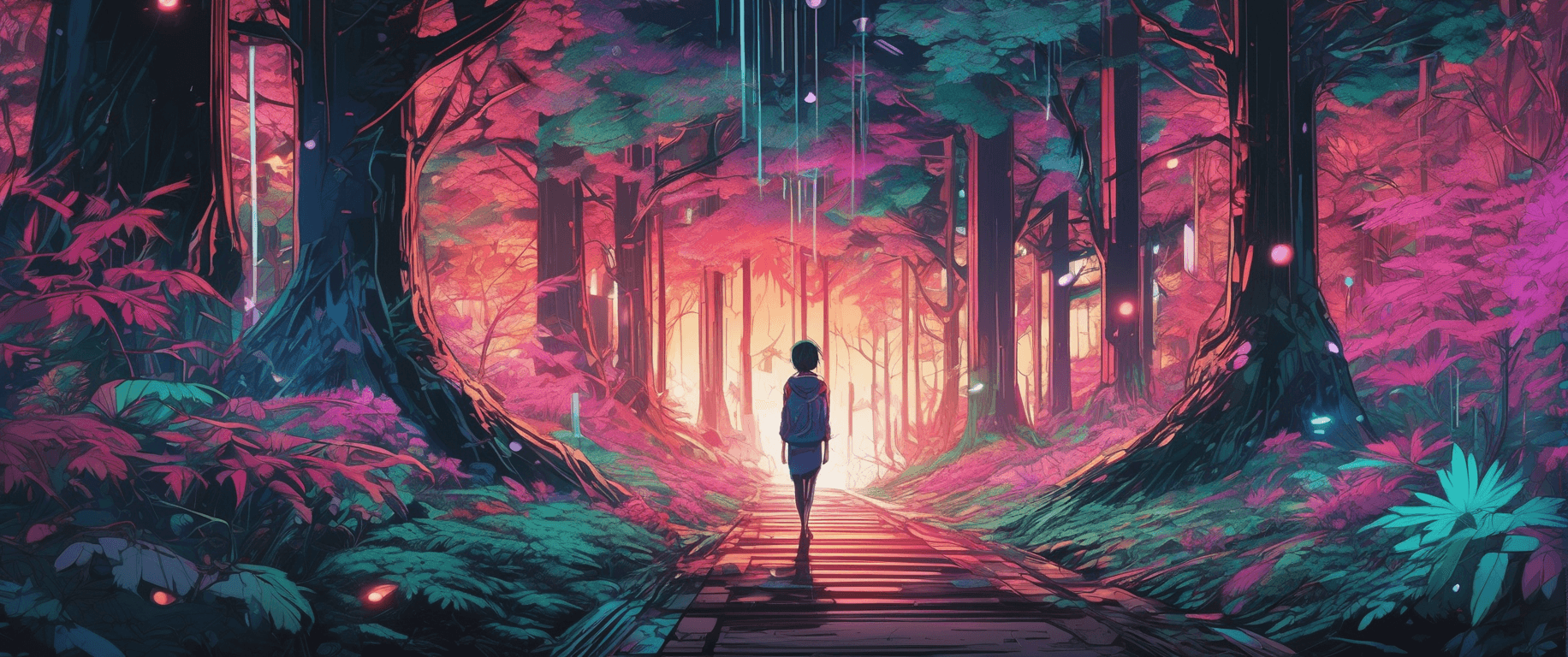 AI generated: mysterius lights in a magical forest, an anime drawing, trending on Artstation, serial art, martin a...