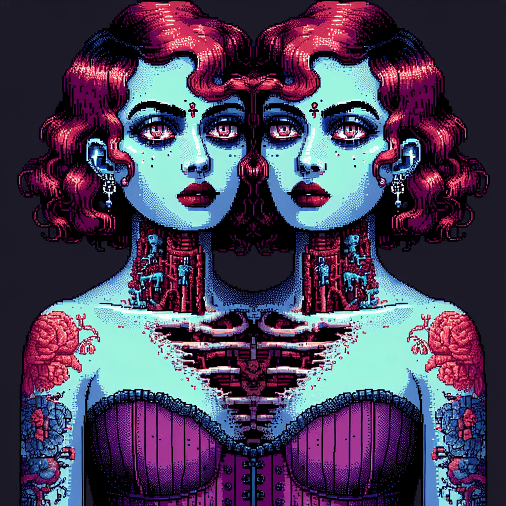 AI generated: photograph tim burton style {portrait of a female Siamese twins, wearing purple vintage corset 20's ...