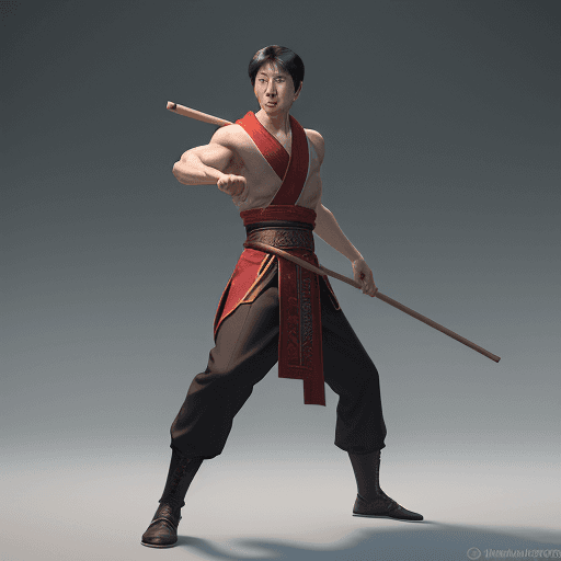AI generated: A young man stands tall and strong like Jet Li and Jackie Chan mythology, a stick is horizontal and ...