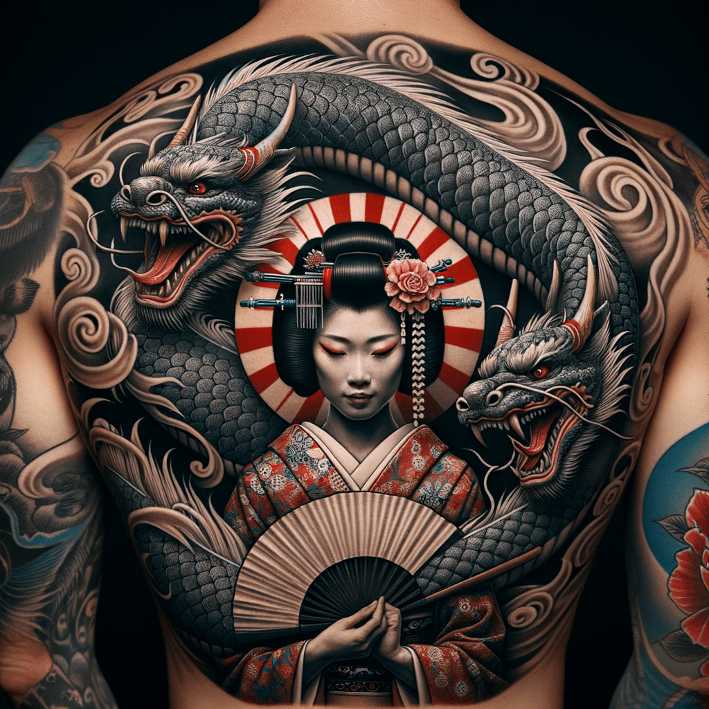 AI generated: Japanese tattoo on a mans back, Japanese dragon wrapped around a geisha girl