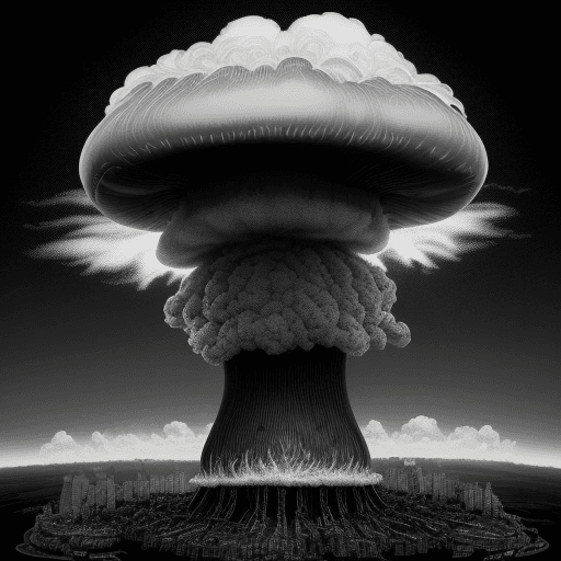 AI generated: nuclear bomb mushroom cloud in black and white in the style of steampunk imagery, realistic hyper-de...