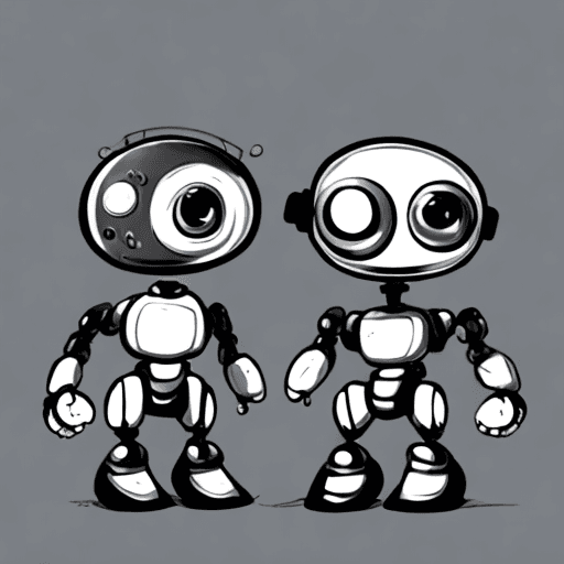 AI generated: Create a simple, stylized, black-and-white line drawing of two cute robots standing side by side. Th...