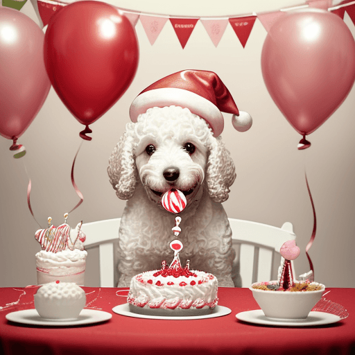 AI generated: birthday of a cute white curly hair dog. A lovely cute happy dog, a cute red hat on his head and a p...