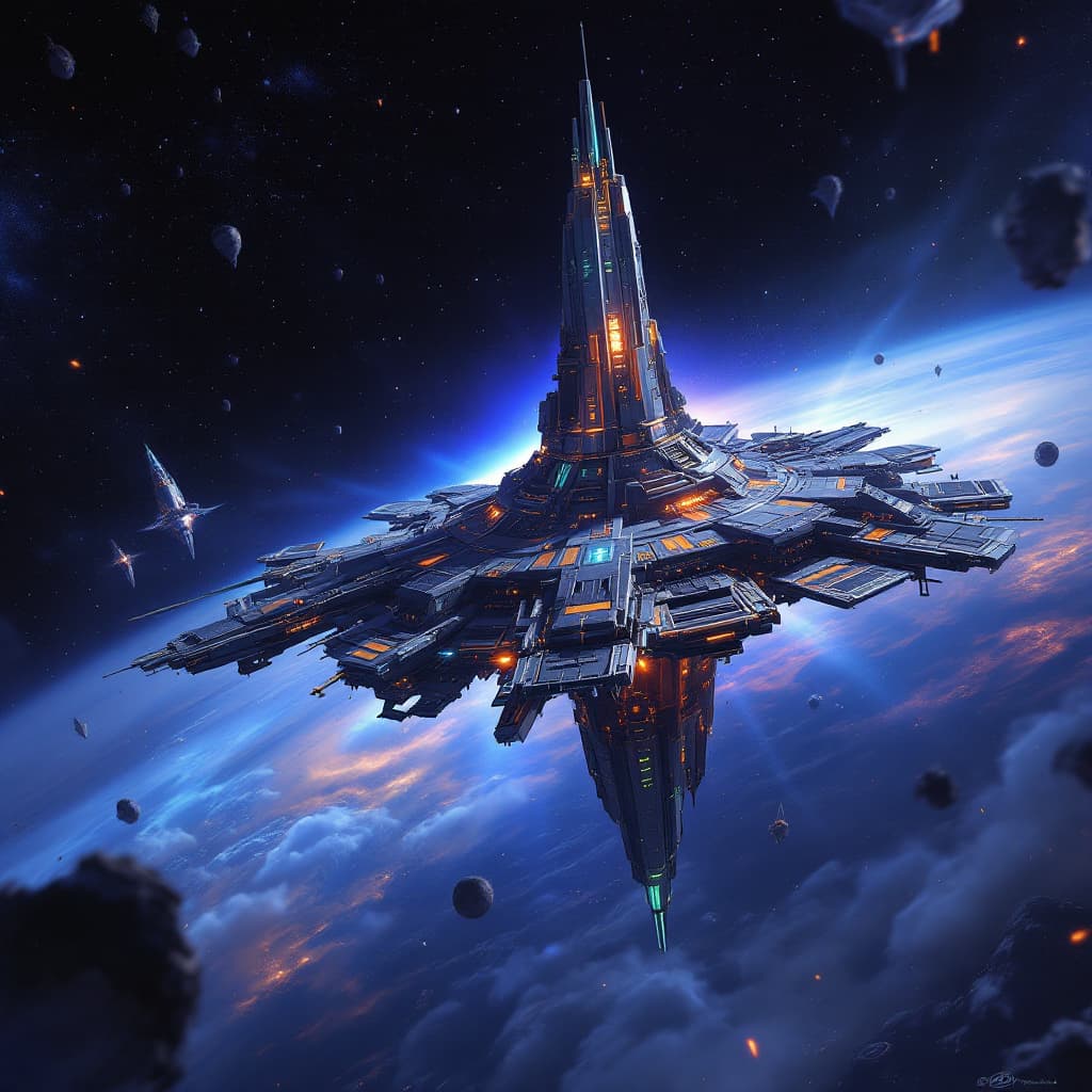 AI generated: A mind-blowing full-color painting of the Terran Command Center from StarCraft, floating in Space, i...