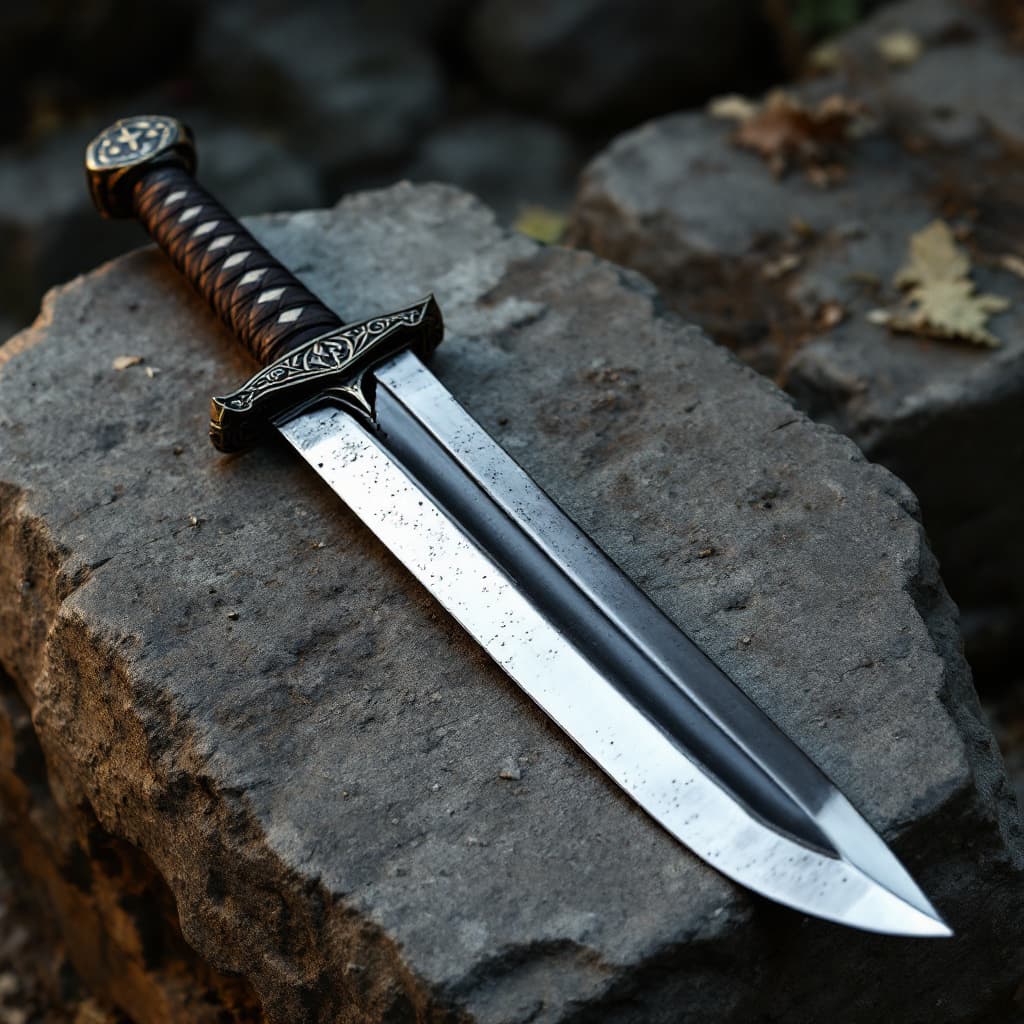 AI generated: A broken sword lying on a stone Buddhist bench, realistic sword broken Midway down the blade laying ...