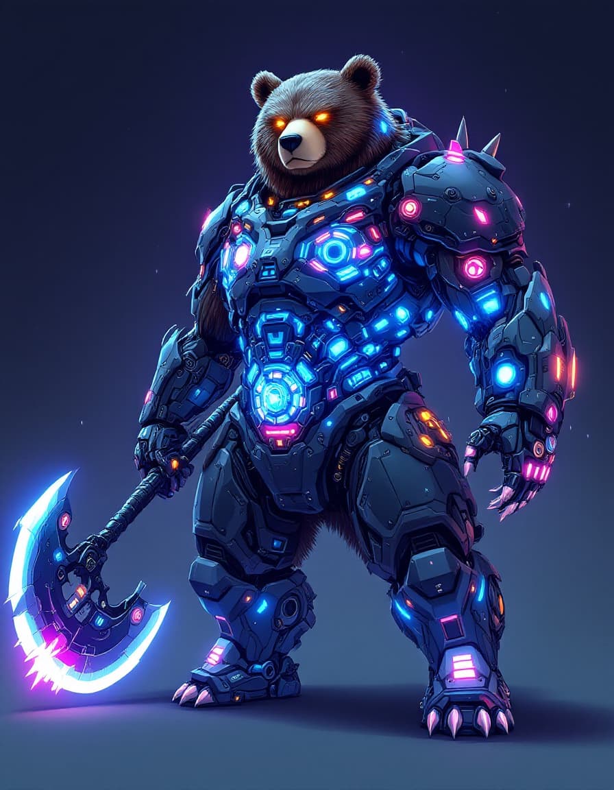 AI generated: A futuristic cyborg bear a neon-lit body and intricate circuitry a cybernetic enhanced battle axe an...